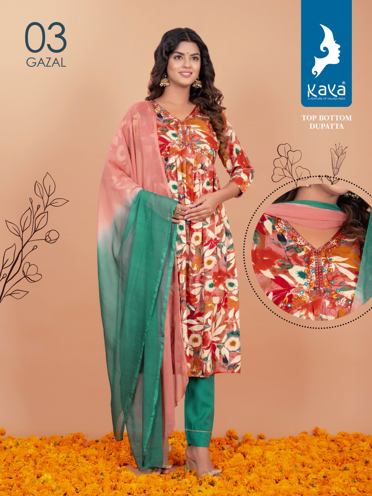 Gazal By Kaya Rayon Alia Cut Kurti With Bottom Dupatta Catalog